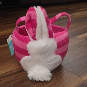 Pink Striped Rabbit Easter Bunny Basket Fuzzy Fluffy Tail